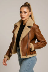 Women's brown shearling leather jacket with faux fur lining – cozy winter style