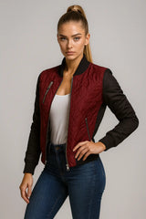 Women's burgundy quilted bomber jacket with black sleeves – sporty chic style