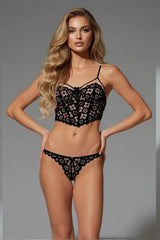 Stylish black floral lace lingerie set for women - crop bralette and thong