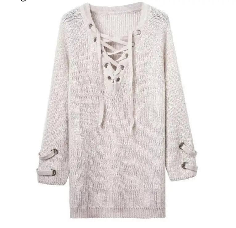 2021 Women Sweater woman Sweaters V Neck Mesh Lace Up-White-7