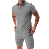 2Pcs Casual Waffle Suit Summer Zipper Lapel Short-sleeved-Light Grey-8