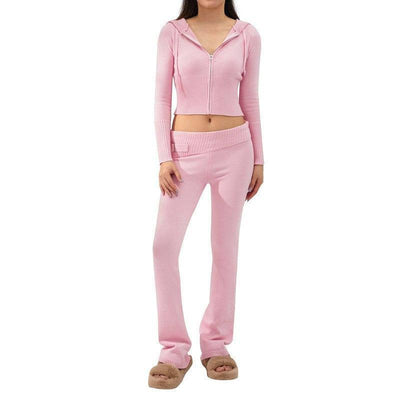 2pcs Knitted Hooded Suits Women's Long-sleeved Cardigan And High Waisted Trousers Clothing-Pink-11