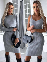 2pcs Suit Women's Solid Stripe Long-sleeved Top And Tight Suspender Skirt Fashion Autumn Winter Slim Clothing-Gray-10