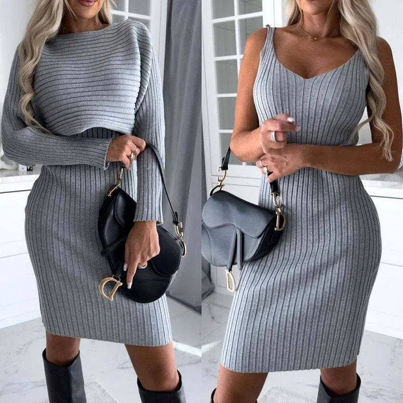 2pcs Suit Women's Solid Stripe Long-sleeved Top And Tight Suspender Skirt Fashion Autumn Winter Slim Clothing-1