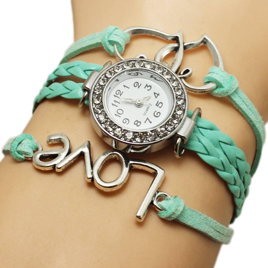 Alloy Love Double Heart-shaped Love Woven Multi-layer Watch-Light Green-11