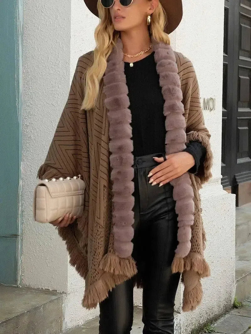 Autumn And Winter Luxury Wool Collar Tassel Shawl Sweater-Khaki-3