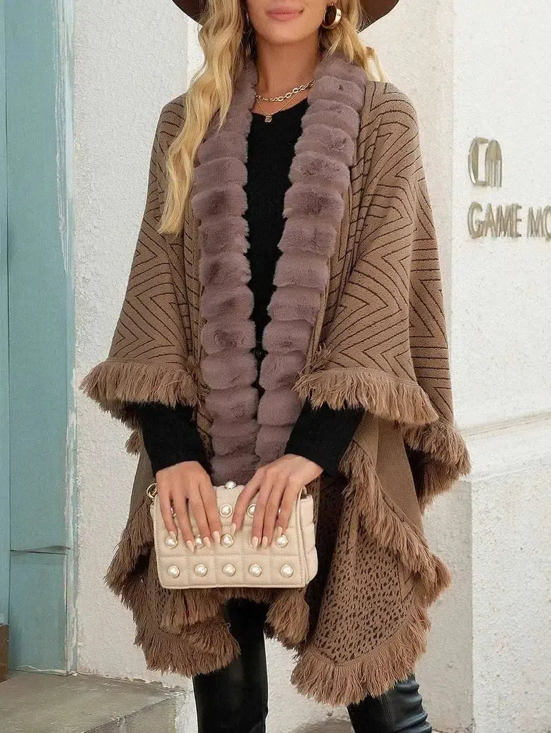 Autumn And Winter Luxury Wool Collar Tassel Shawl Sweater-Khaki-5