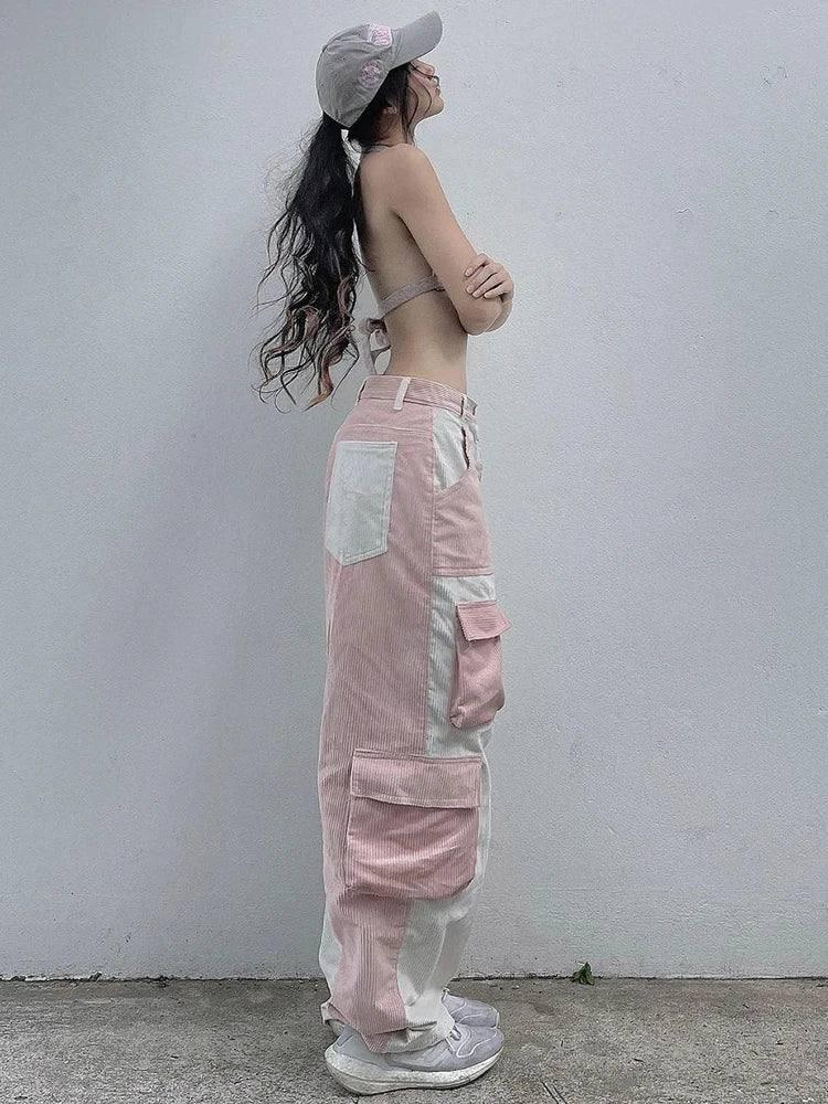 Baggy High Waist Contrast Patchwork-Pink-4