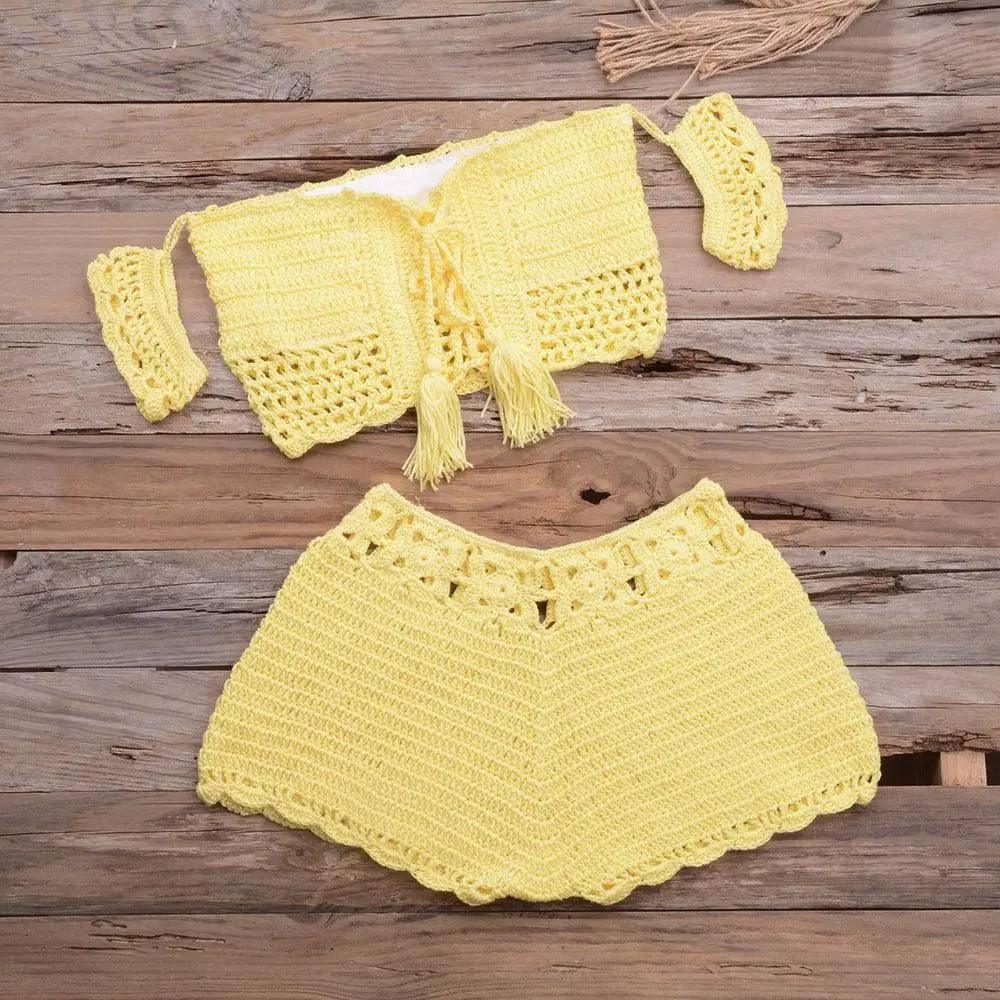 Bikini Hand-woven Lace-up Swimsuit Shorts Hollow Split Suit-Yellow-4