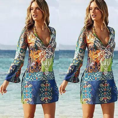 Summer Style Women Swimsuit Cover Up Long Sleeve Bikini Cover Ups Chiffon Flower Beach Mini Dress Robe Vestidos-2