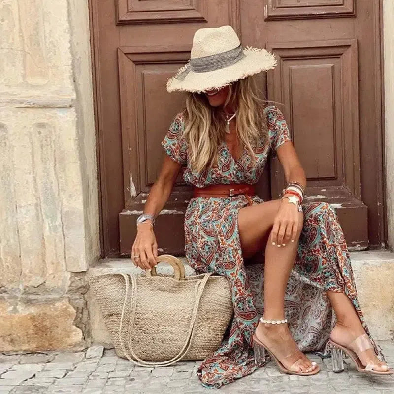 Boho V Neck Paisley Print Beach Long Dress with Belt - Embrace Summer in Style!-1