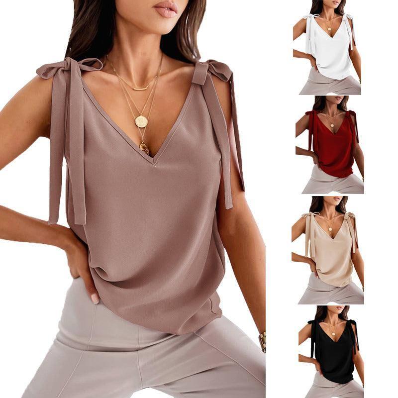 Bowknot Tie Up Camisole V-neck Shirts Women Summer-1