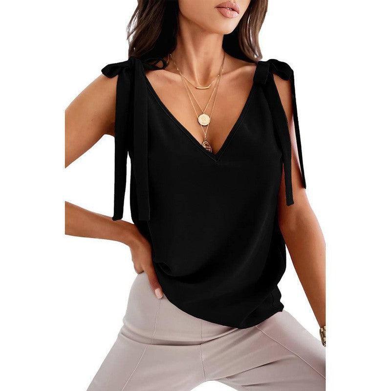 Bowknot Tie Up Camisole V-neck Shirts Women Summer-Black-4