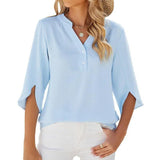 Button V-neck Mid-sleeve Chiffon Shirt Solid Color Top Womens Clothing-Sky Blue-3