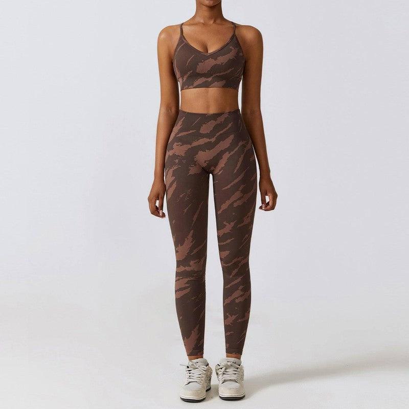 Camouflage Printing Seamless Yoga Suit Quick-drying High Waist Running Workout Clothes-Brown Bra Trousers-5