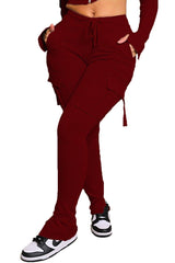 Cargo Pants With Pockets High Waist Drawstring Wide Leg-Wine Red-9