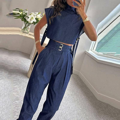 Casual Belt Decorative Turtleneck Short Sleeve And Long Pattern Suit-Blue-6