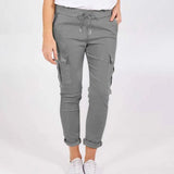 Casual Cargo Pants With Pockets Solid Color Drawstring Waist Pencil Trousers For Women-Dark Grey-2