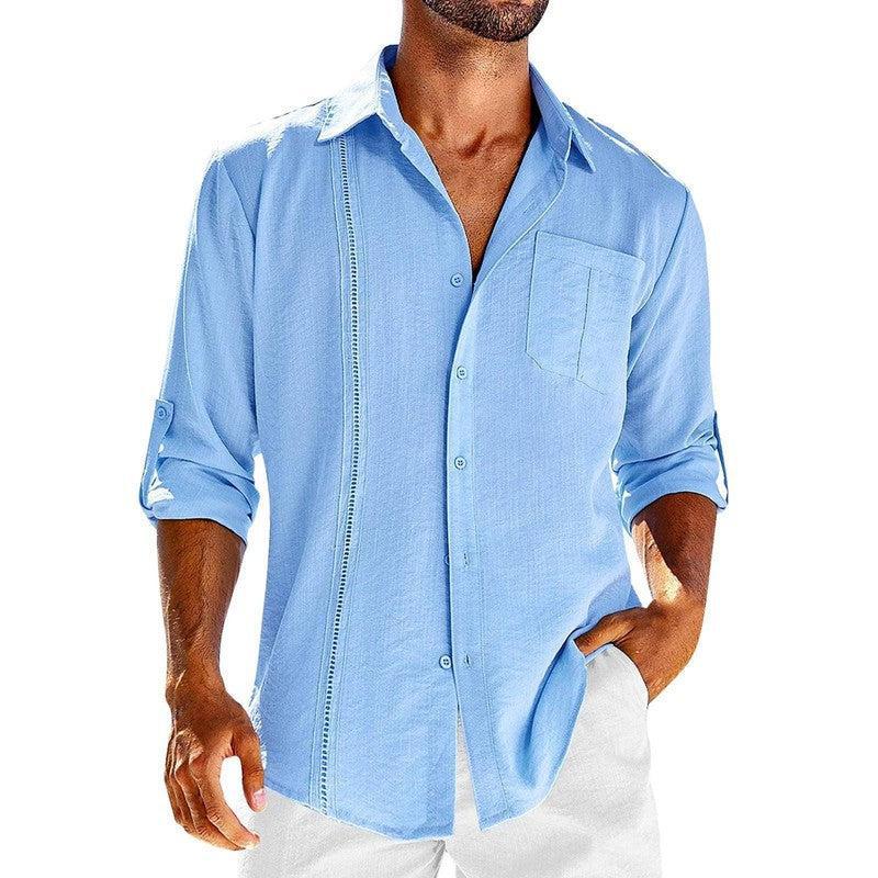 Casual Long Sleeve Shirt With Pocket Lace Polo Collar Solid Color Button Mens Clothing Set / 3XL-Sky Blue-3