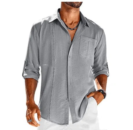 Casual Long Sleeve Shirt With Pocket Lace Polo Collar Solid Color Button Mens Clothing Set / 3XL-Gray-5