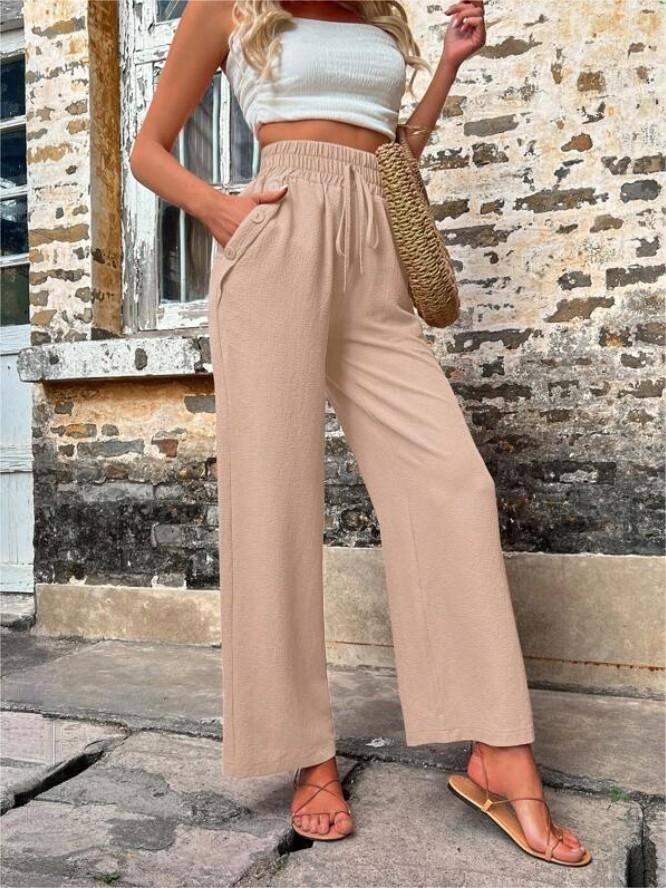 Casual Pants With Pockets Elastic Drawstring High Waist-Khaki-9