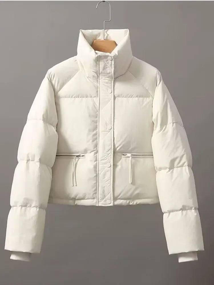 Casual Short Winter Jacket Women Stand Collar Zipper High-White-1