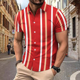 Casual Striped Printed Short Sleeve Shirt Summer Lapel-Wine Red-1