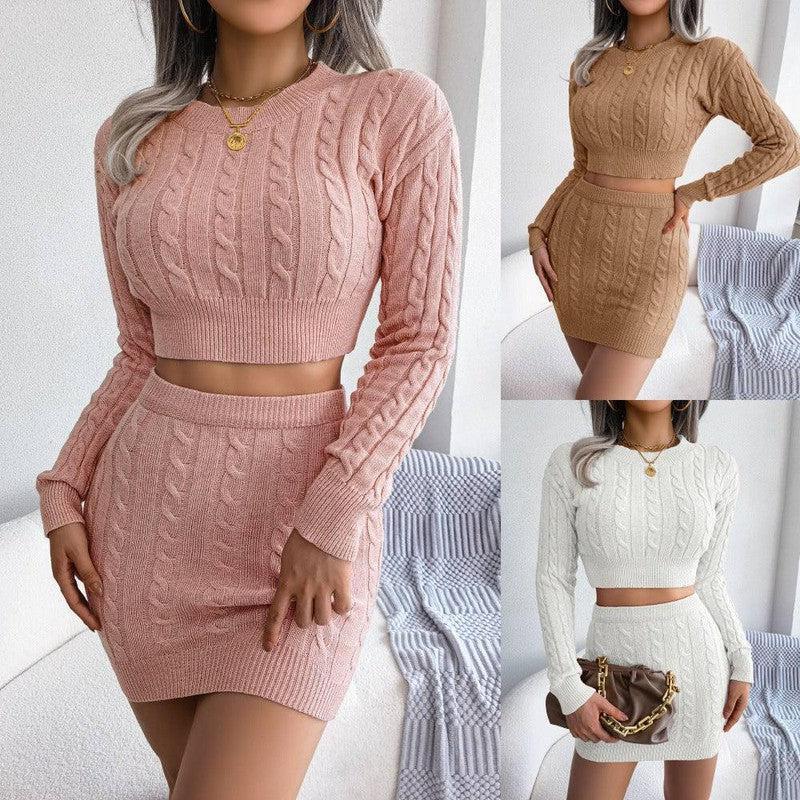 Casual Twist Cropped Sweater Package Hip Skirt Set-1