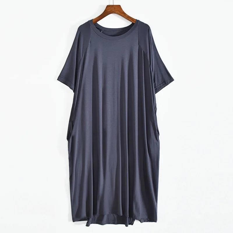 Plus Size 8XL 150kg Women Summer Modal Long Dress O Neck Short Sleeve Soft Comfortable Dresses Ladies Casual Large Home Dress-2