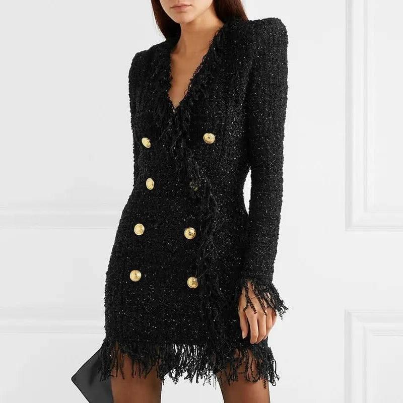 HIGH QUALITY Newest 2024 Designer Runway Women's Long Sleeve Metal Lion Buttons Fringed Tweed Tassel Dress-1