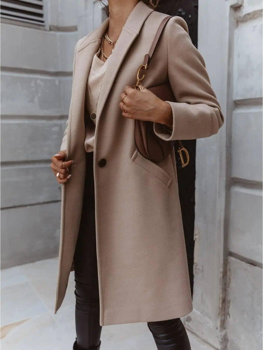 Chic Lapel Mid-Length Button Wool Coat-Lightgrey-2