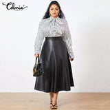 Plus Size Party Midi Skirt 2023 Autumn Women Solid Winter PU Leather Skirts Celmia Office Retro Long Skirts High Waist OL Skirt-1