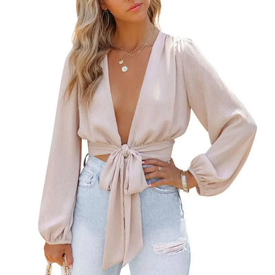 Chiffon Shirt V Neck Tie Bow Crop Top Women's-Apricot-9