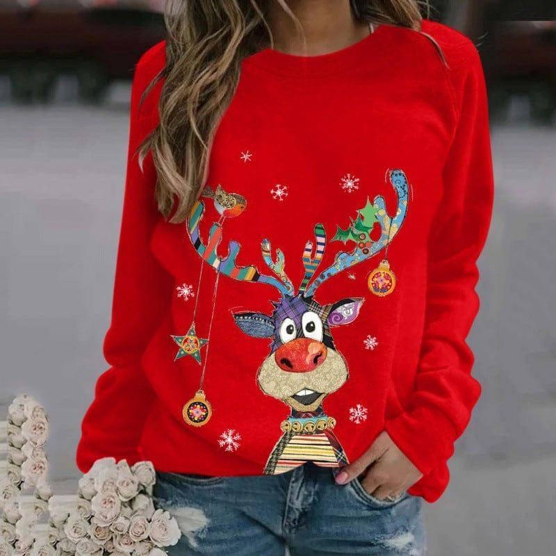 Christmas Pattern Printing Long Sleeve Crew Neck Sweater-Red-6