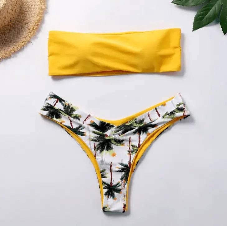 Coconut tree printing new bikini bow European and American-Yellow-4