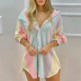 Colorful Striped Long Sleeve V Neck Shirt Dress-1