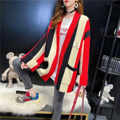 Contrast Stitching Striped Sweater Cardigan Jacket-Red-1