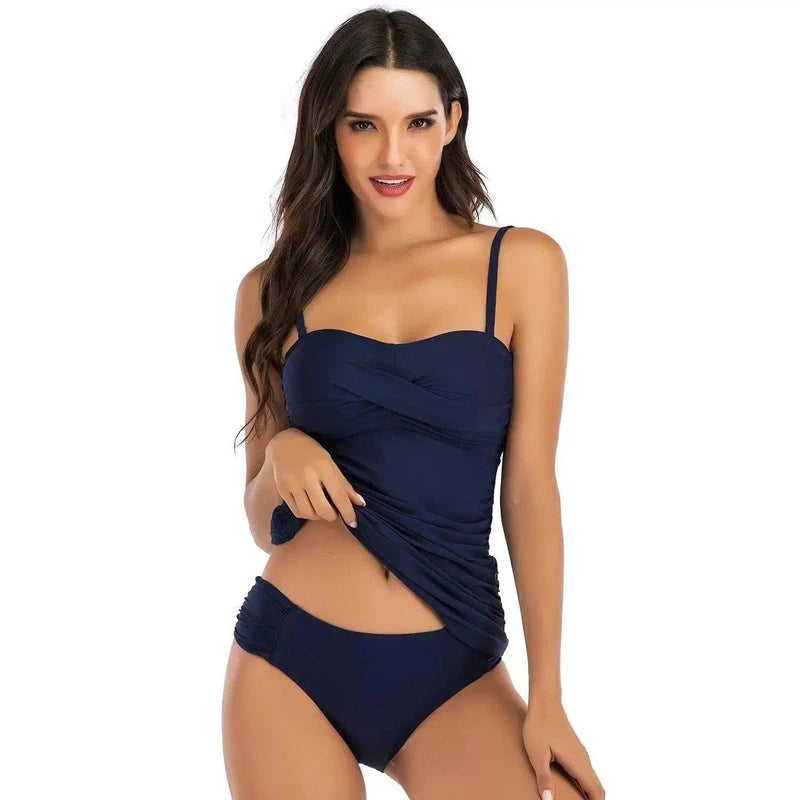 Covered belly split swimsuit ladies conservative-NavyBlue-3