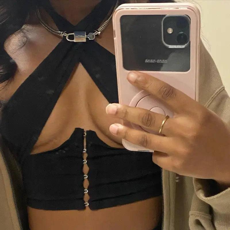 Cryptographic Breasted Halter Wrap Crop Tops Women-3