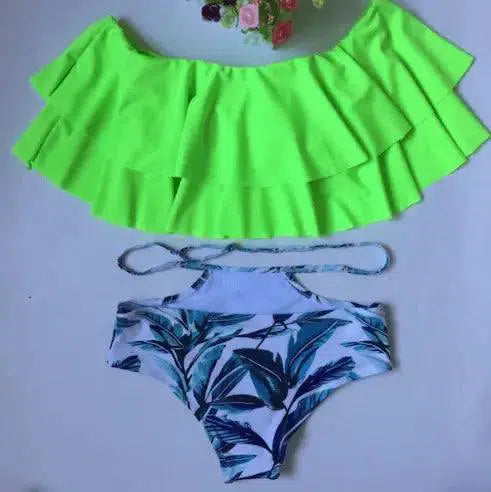 Cute double ruffled swimwear printed shorts one-shoulder-Green-7