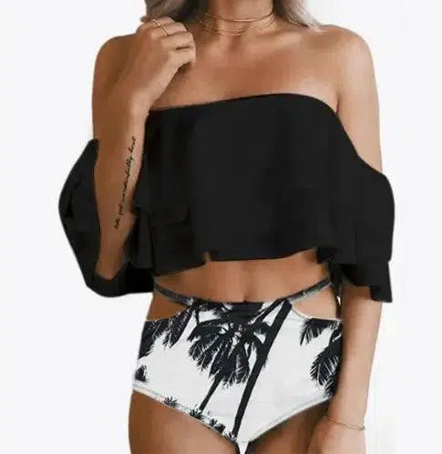 Cute double ruffled swimwear printed shorts one-shoulder-White2-8