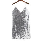 Deep V Neck Autumn Silver Sequined Backless Dress Women-White-2