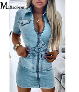 Denim Dress Zipper Casual V Nec-1