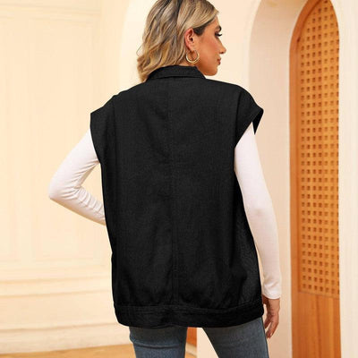 Denim Vest With Big Pockets Fashion Sleeveless Outwear Vest-Black-3