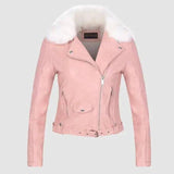 DETACHABLE FUR COLLAR WARM FAUX LEATHER JACKET-Pink-7