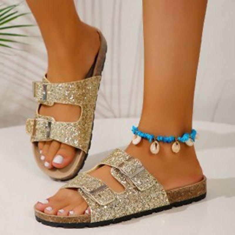 Double Buckle Sandals For Women New Fashion Sequined Beach-Gold-3