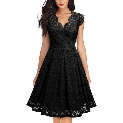 Elegant Retro Lace V-Neck Sleeveless Cocktail Dress-Black-5