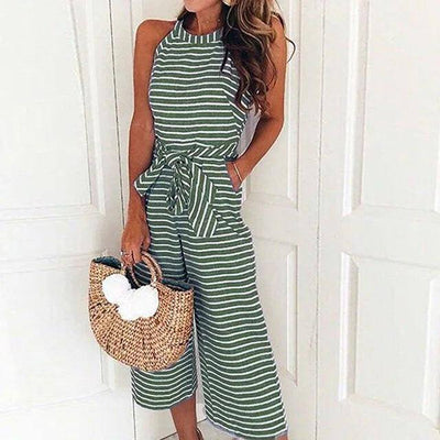 Elegant Sexy Jumpsuits Women Sleeveless Striped Jumpsuit-Green-6