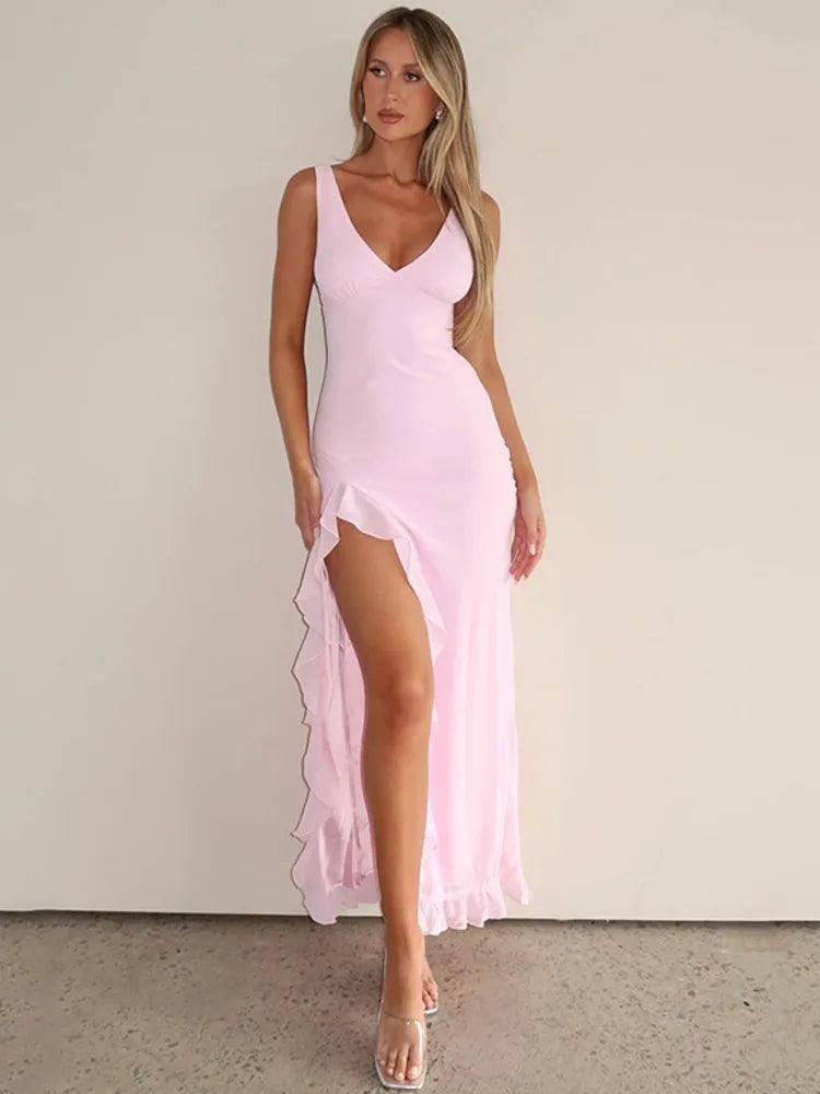 Elegant Sleeveless Ruffle Maxi Dress - Sexy Deep V Neck-1