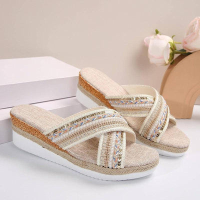 Ethnic Linen Wedge Sandals-Beige-5